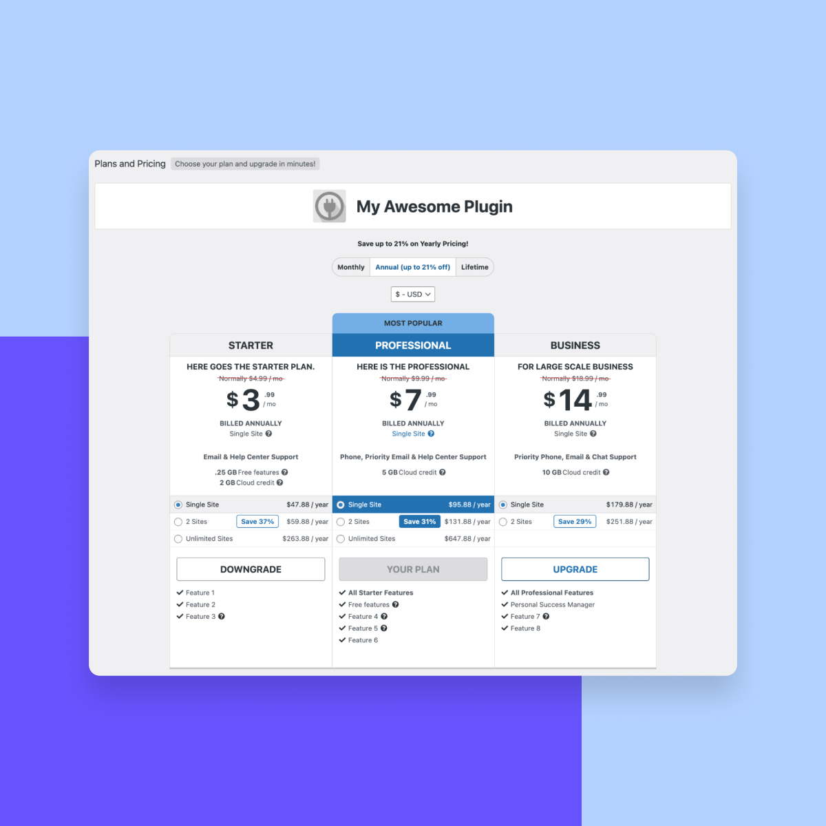 customizable Freemius pricing page enhancements