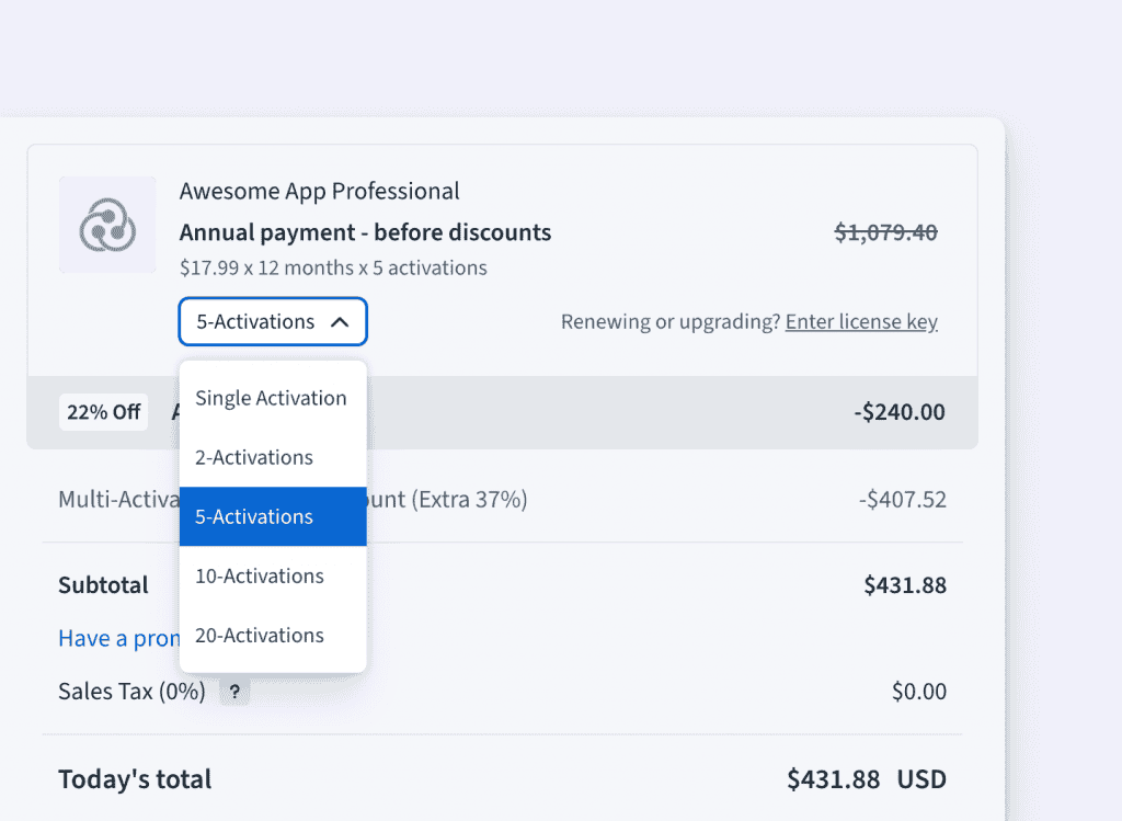 Freemius Checkout showing custom unit label