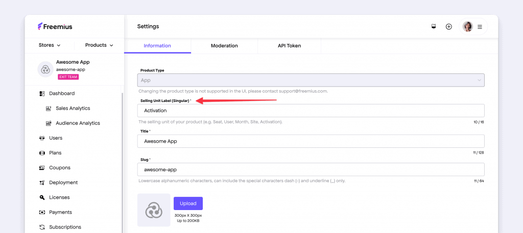 Configure selling unit label Freemius Developer Dashboard