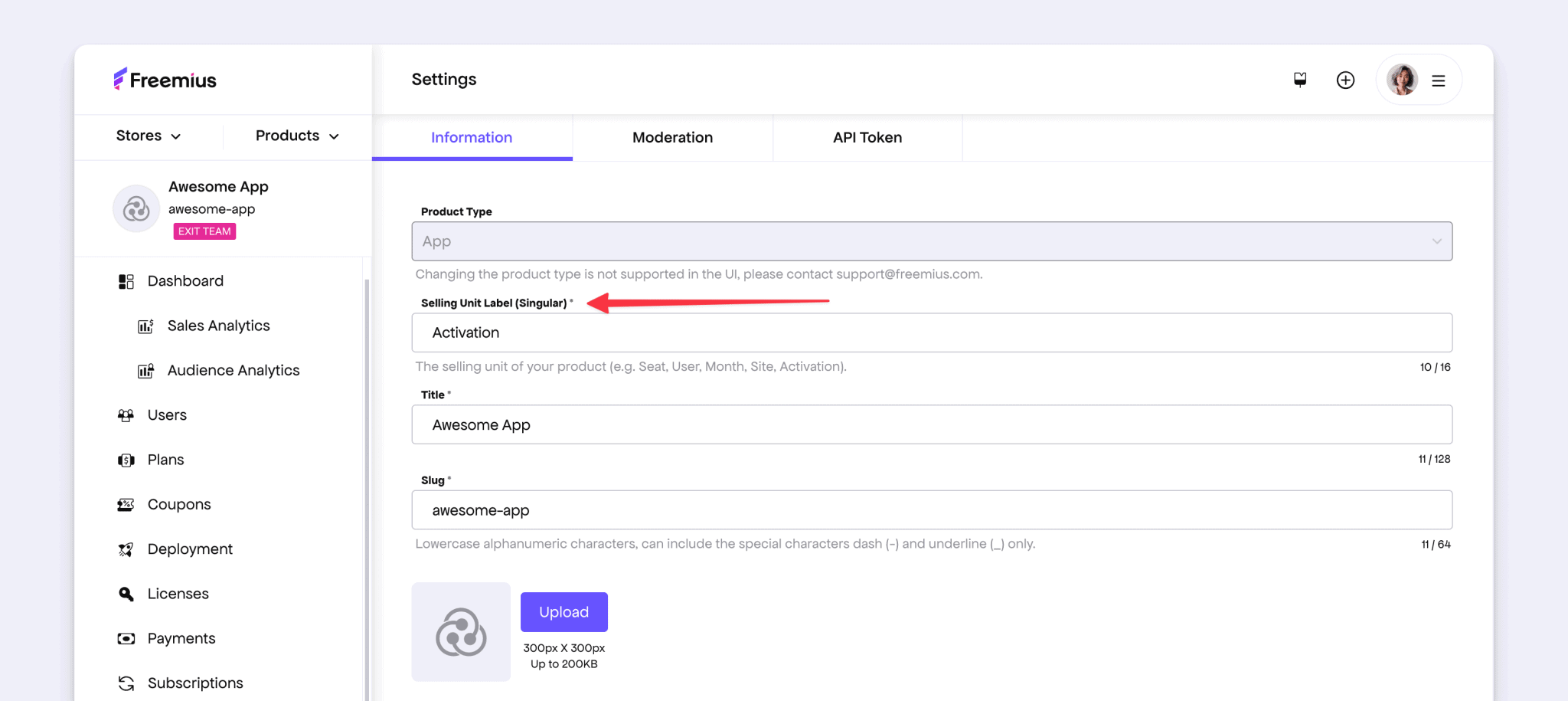 Configure selling unit label via the Freemius Developer Dashboard