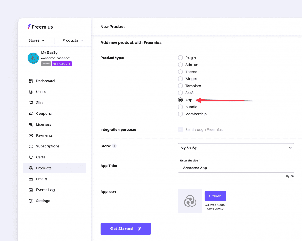 Freemius Developer Dashboard with App type product