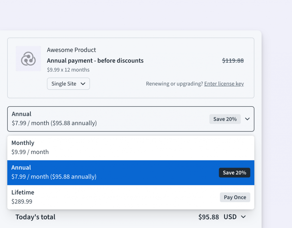 Billing Cycle dropdown UI in open state - Freemius Checkout