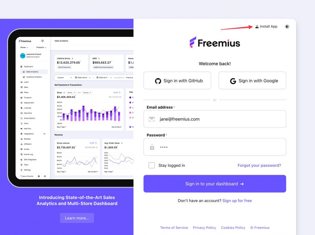 Freemius Install button for the login and registration page