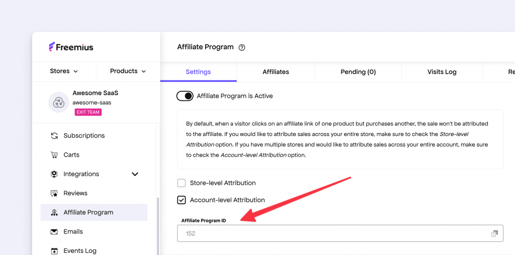 Freemius Affiliate program ID in the UI