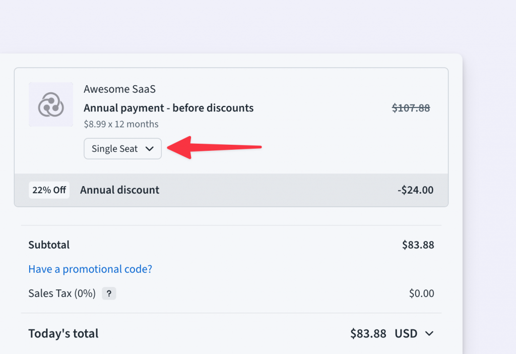 Freemius Checkout showing the license selector UI in the header