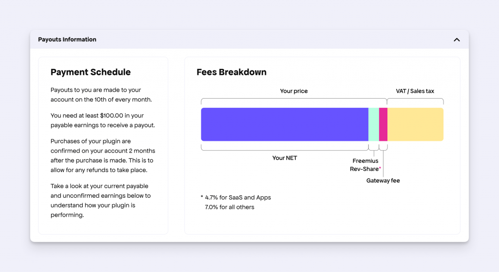 Freemius Earnings page Payouts Information UI