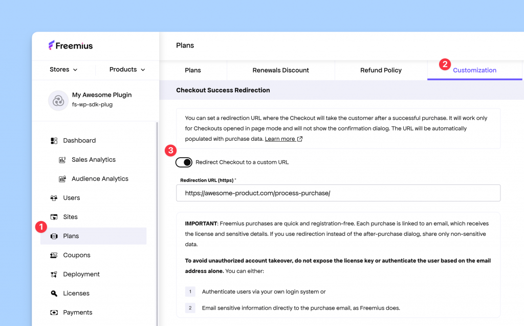Freemius Developer Dashboard showing configuration option to redirect to specific URL after successful Checkout