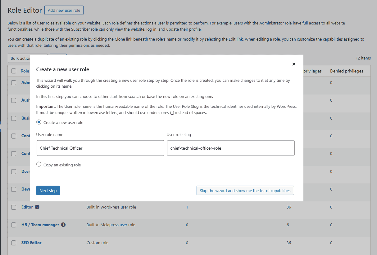 create a new user role melapress role editor