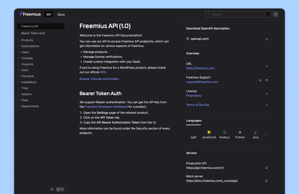 Freemius API Documentation Website