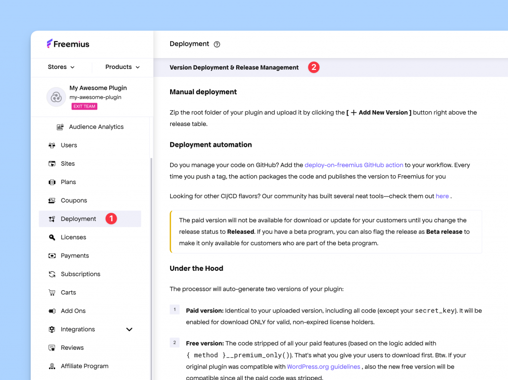 Deployment page UI - Freemius Developer Dashboard