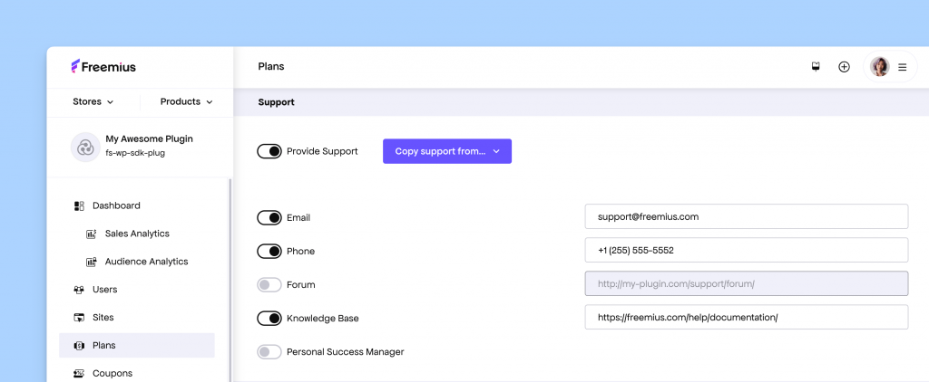 Freemius plan configuration for adding support channels.