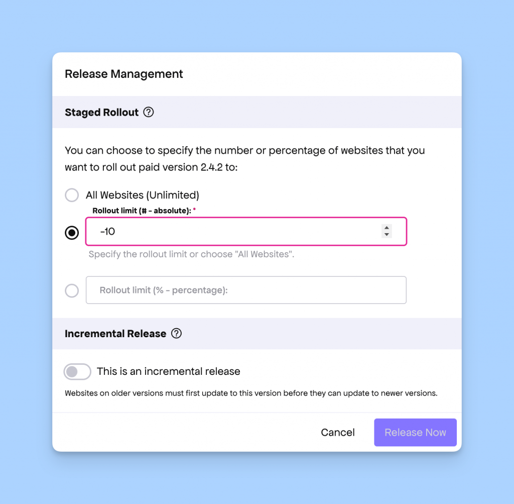 Staged rollout UI update for rejecting negative value - Freemius Developer Dashboard
