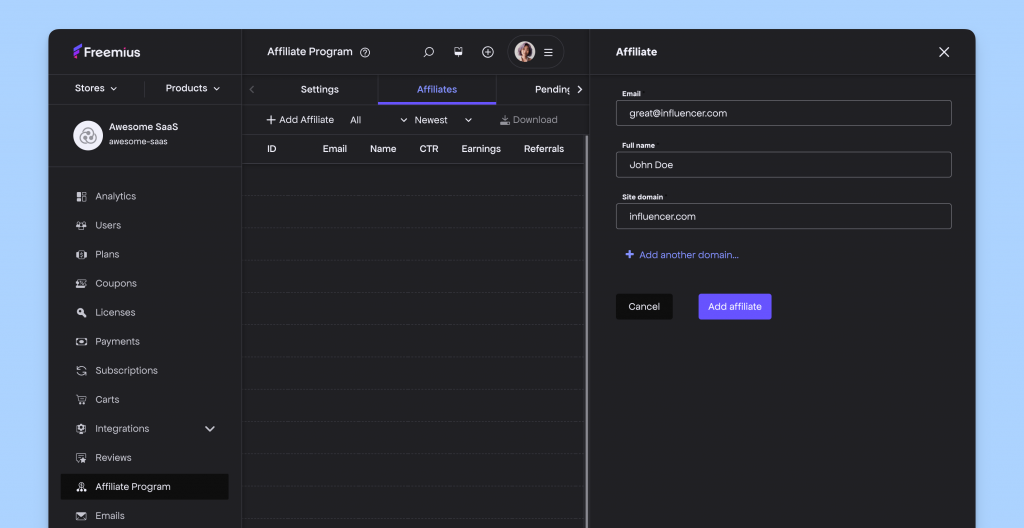 Freemius Sidebar Drawer UI in Dark Theme