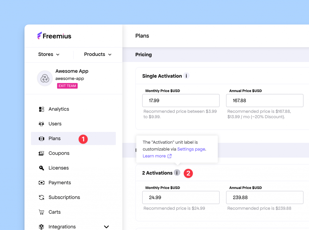 Freemius Pricing page showing Unit Label Customization