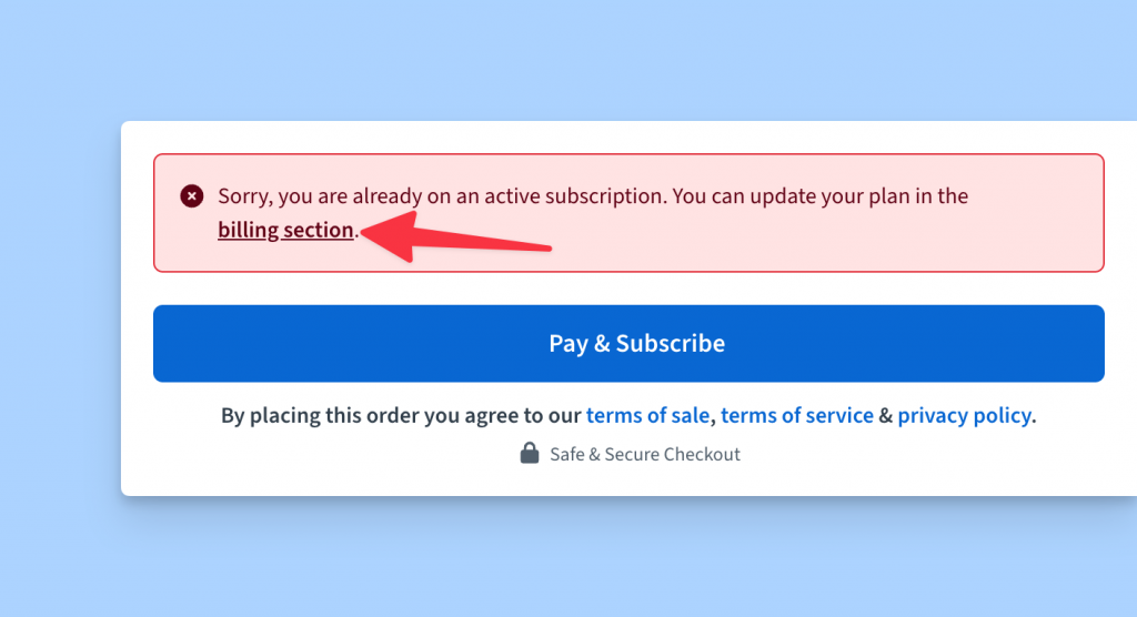 Improved error UI in the Freemius Checkout for Single Subscription model, linking to the currently active subscription management page
