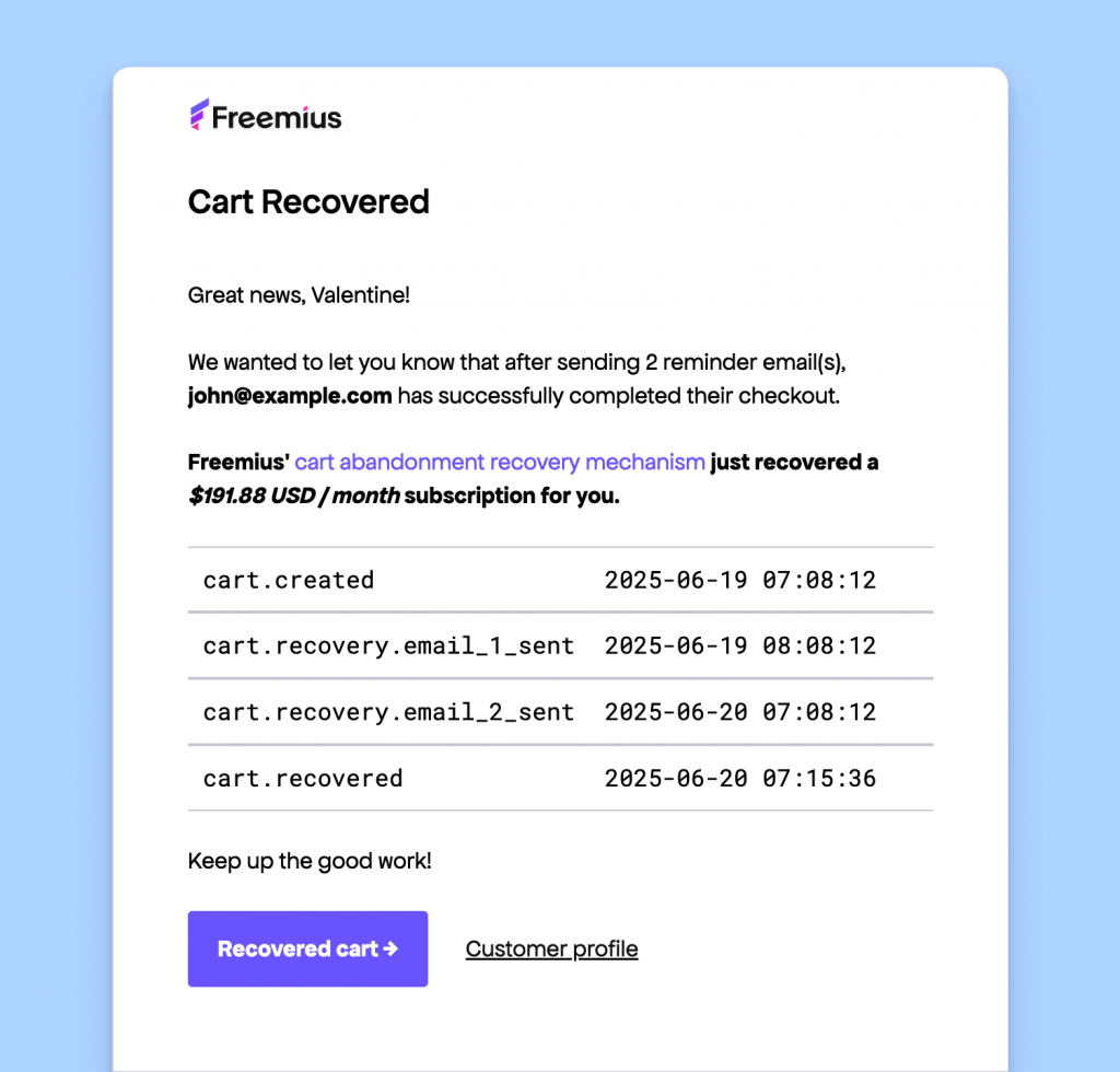 Rebranded cart email from Freemius