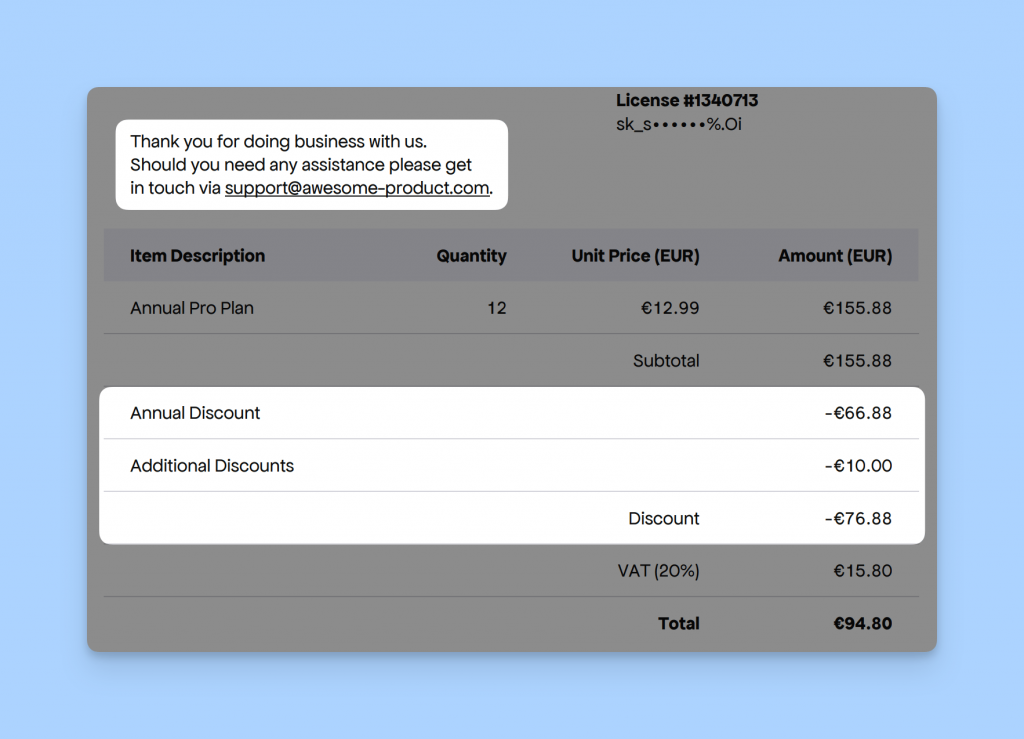 Freemius Customer Invoice with many discounts and support email