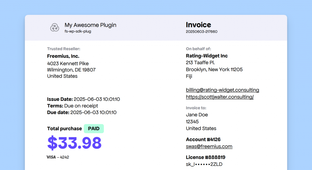 Rebranded customer invoice generated by Freemius