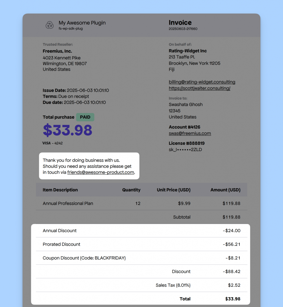 Freemius Customer Invoice with many discounts and support email