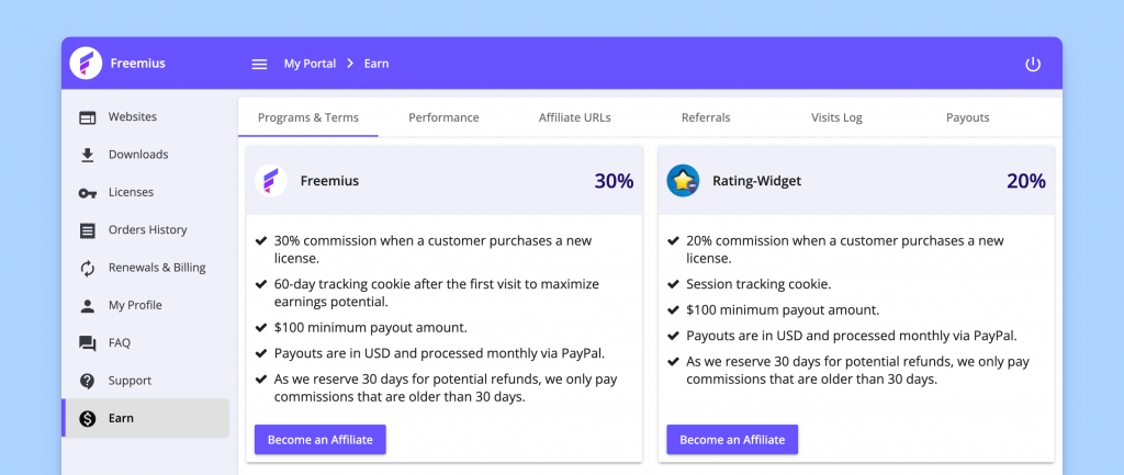 Affiliate page - Freemius Customer Portal
