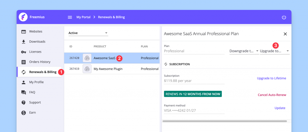 Upgrade flow in the Freemius Customer Portal