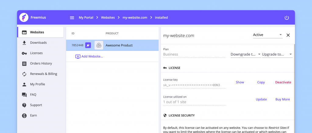 Websites page from Freemius Customer Portal