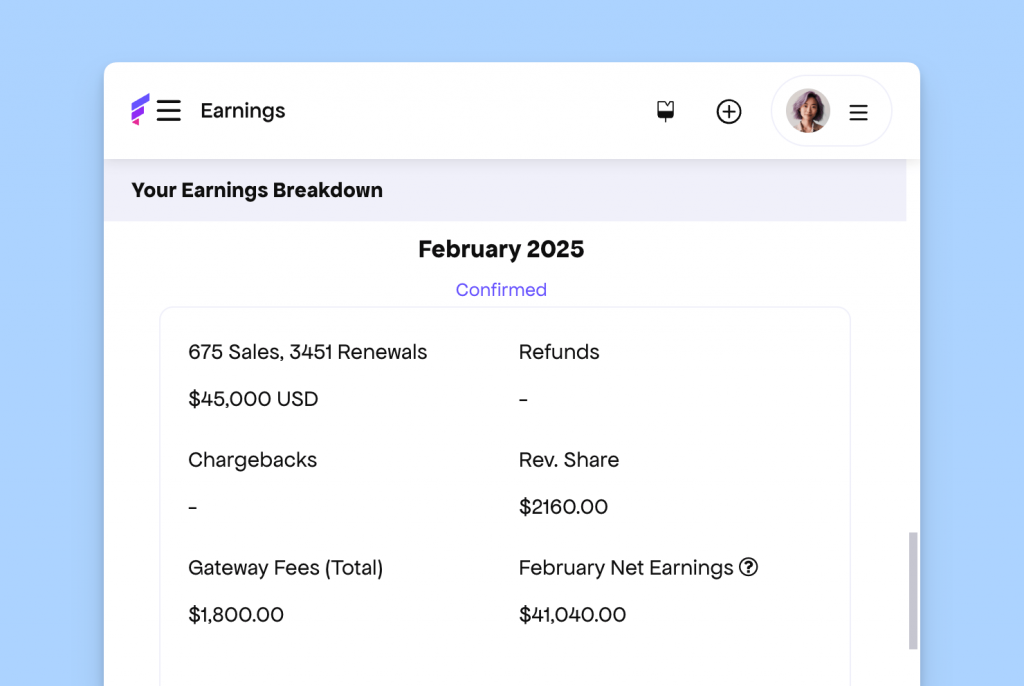 Freemius Earnings page, as viewed from mobile devices