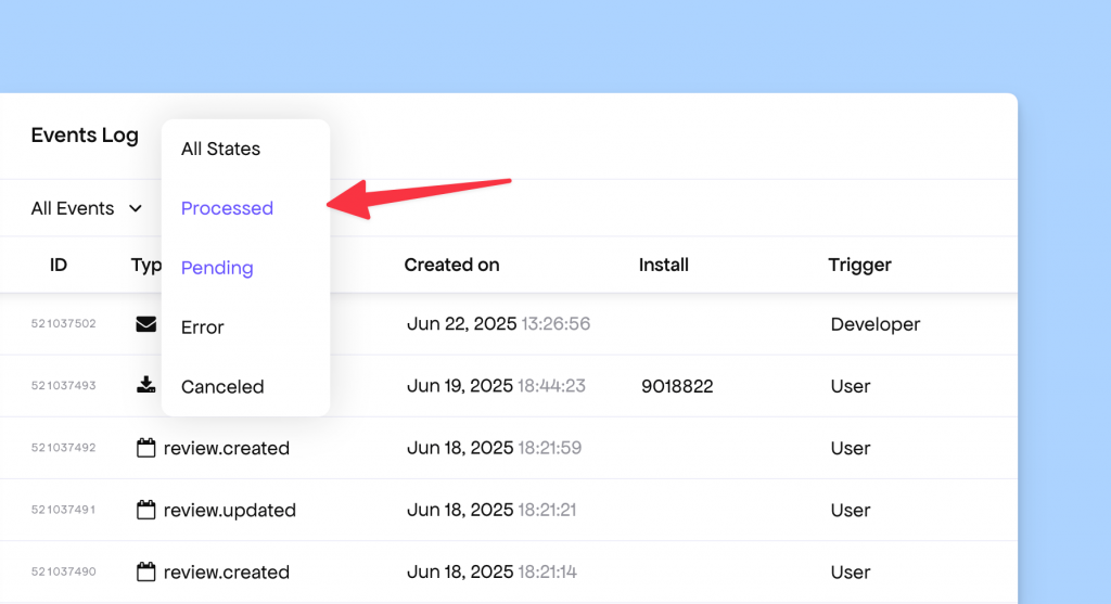Filtering event logs from the Freemius Developer Dashboard