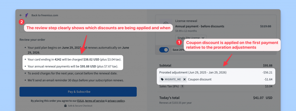 Coupon discount applied to first payment while migrating legacy subscriptions