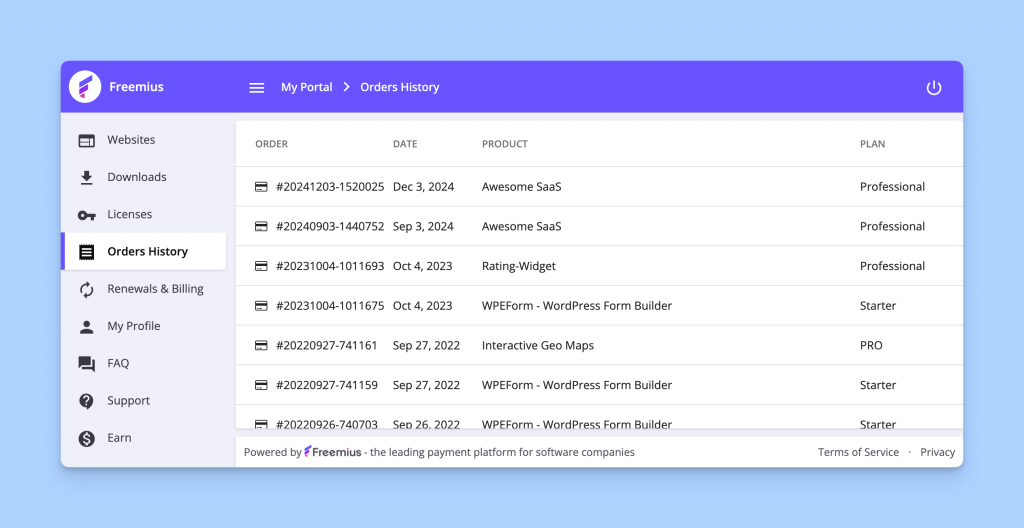 Order History page of Freemius Customer Portal