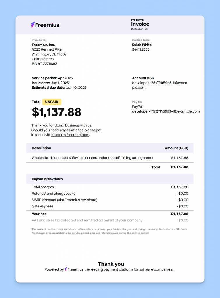 Pro-forma invoice generated by Freemius
