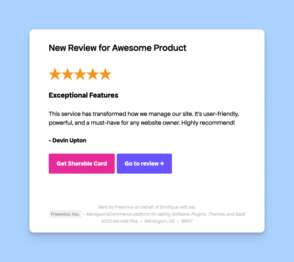 Freemius review email sent to makers