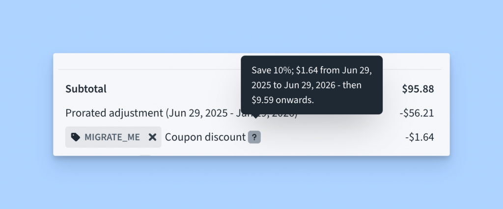 Coupon showing relative first time discount and full renewal discount
