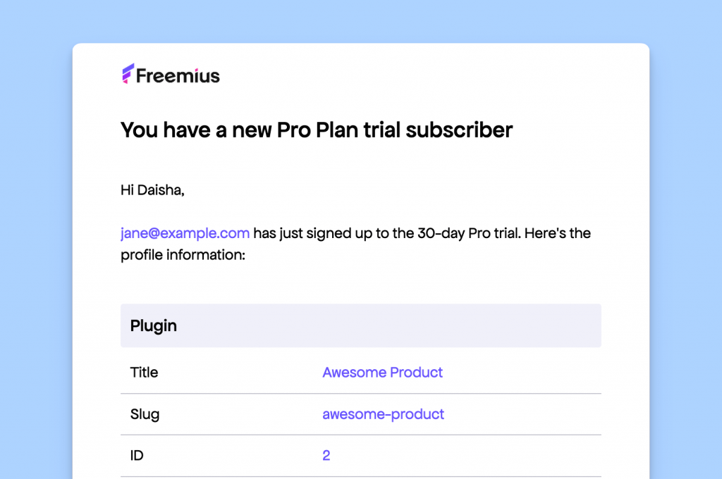 Rebranded trial email from Freemius