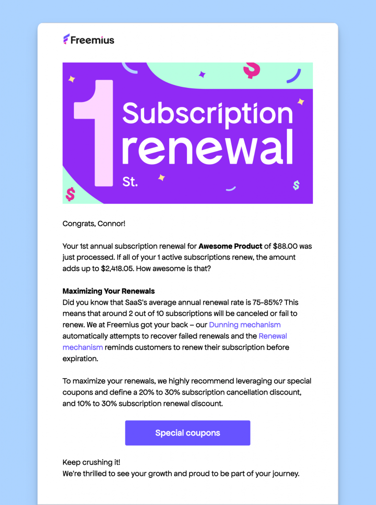 1st Renewal Milestone email Freemius