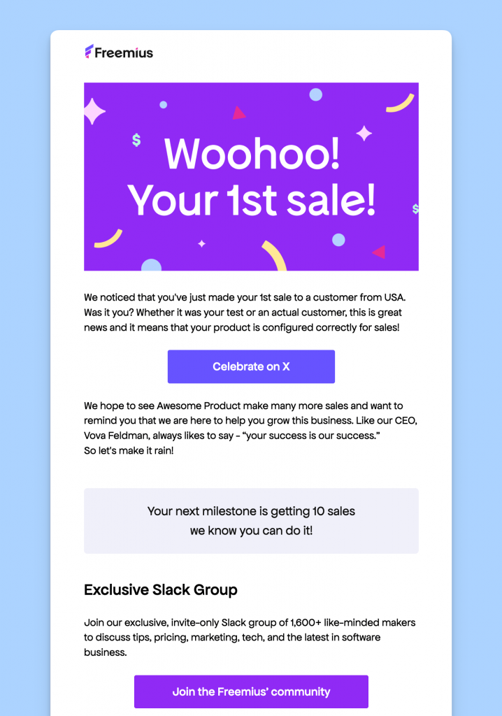 Freemius Milestone Email 1st Sale