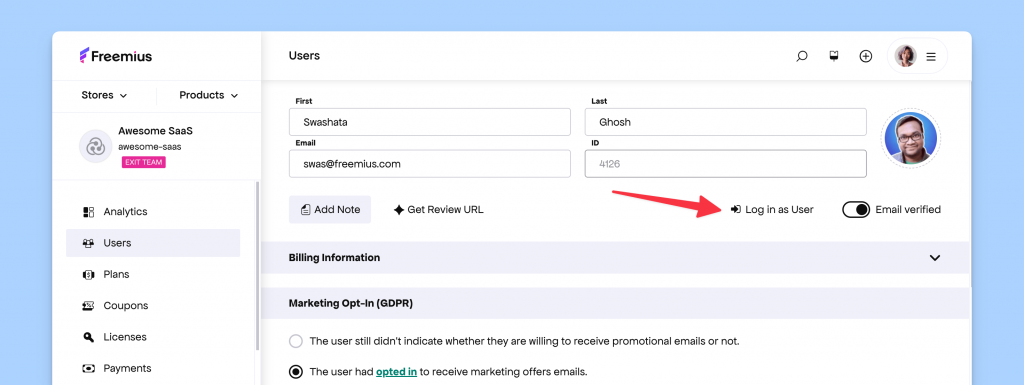 Freemius Log in as User feature from the Developer Dashboard
