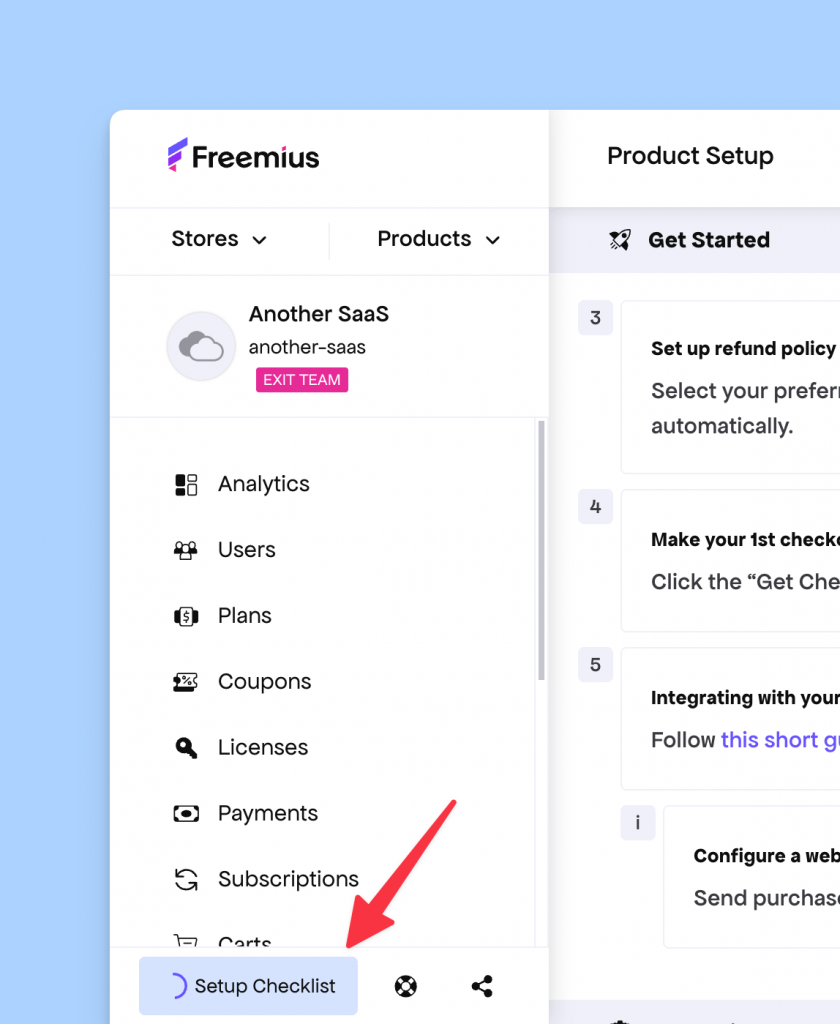 Navigating to the Setup Checklist page from the Freemius Developer Dashboard