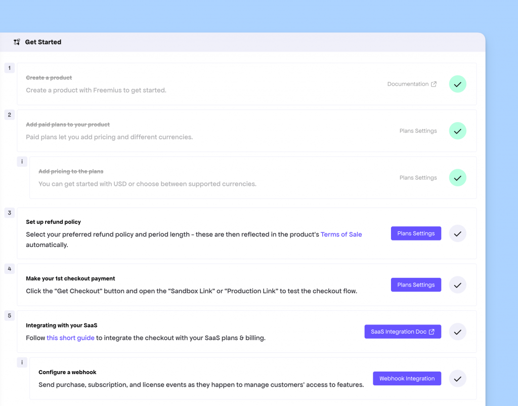 Setup Checklist for onboarding in Freemius Developer Dashboard