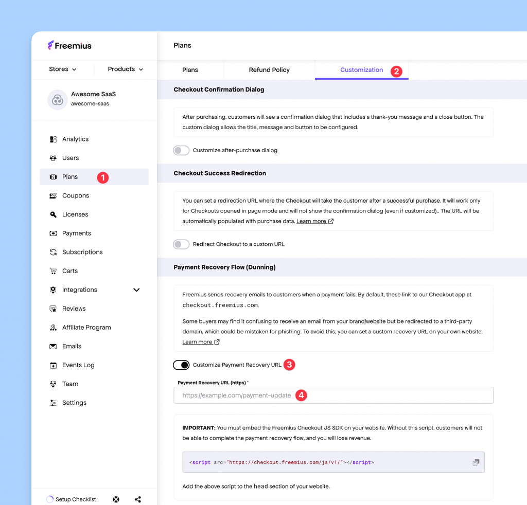 Enable custom payment recovery URL from Freemius Developer Dashboard