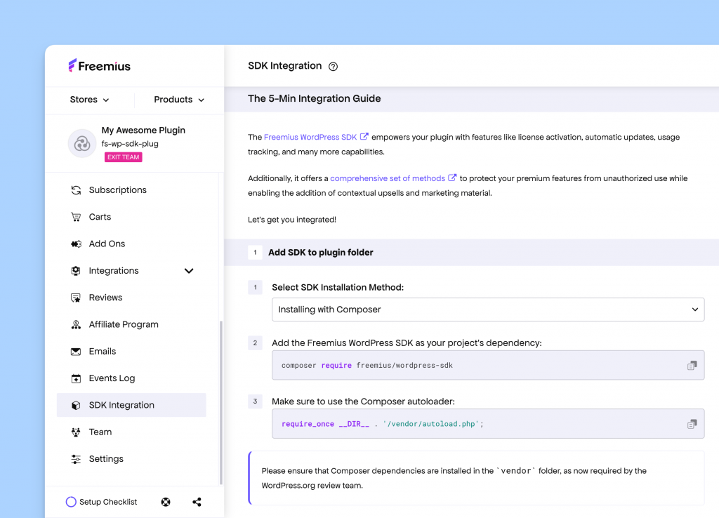 Freemius Developer Dashboard SDK Integration Page