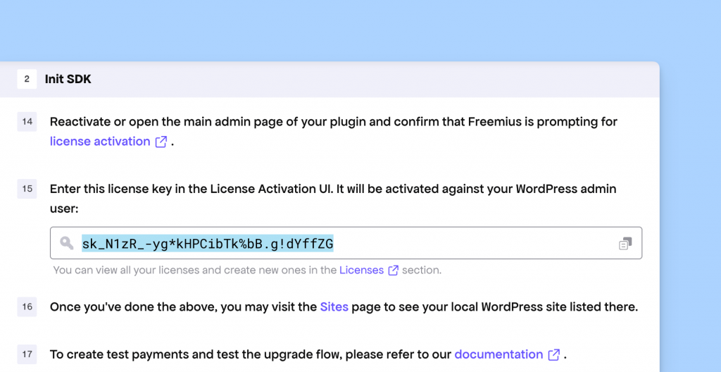 Generated license key Freemius SDK integration page
