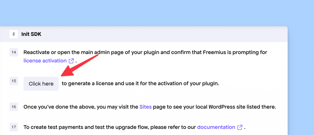 License key generator button in SDK integration page