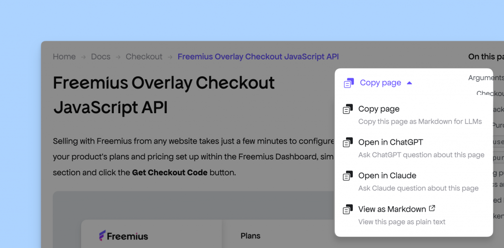 Copy or Open page in AI ChatBot - Freemius Documentation