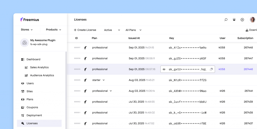 License table in Freemius Developer Dashboard