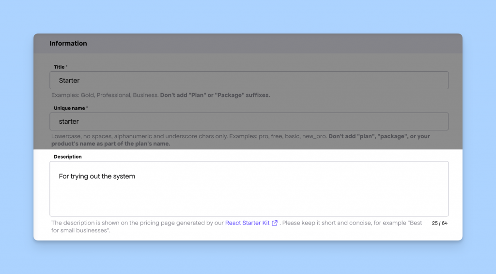 Configure plan description from the Freemius Developer Dashboard