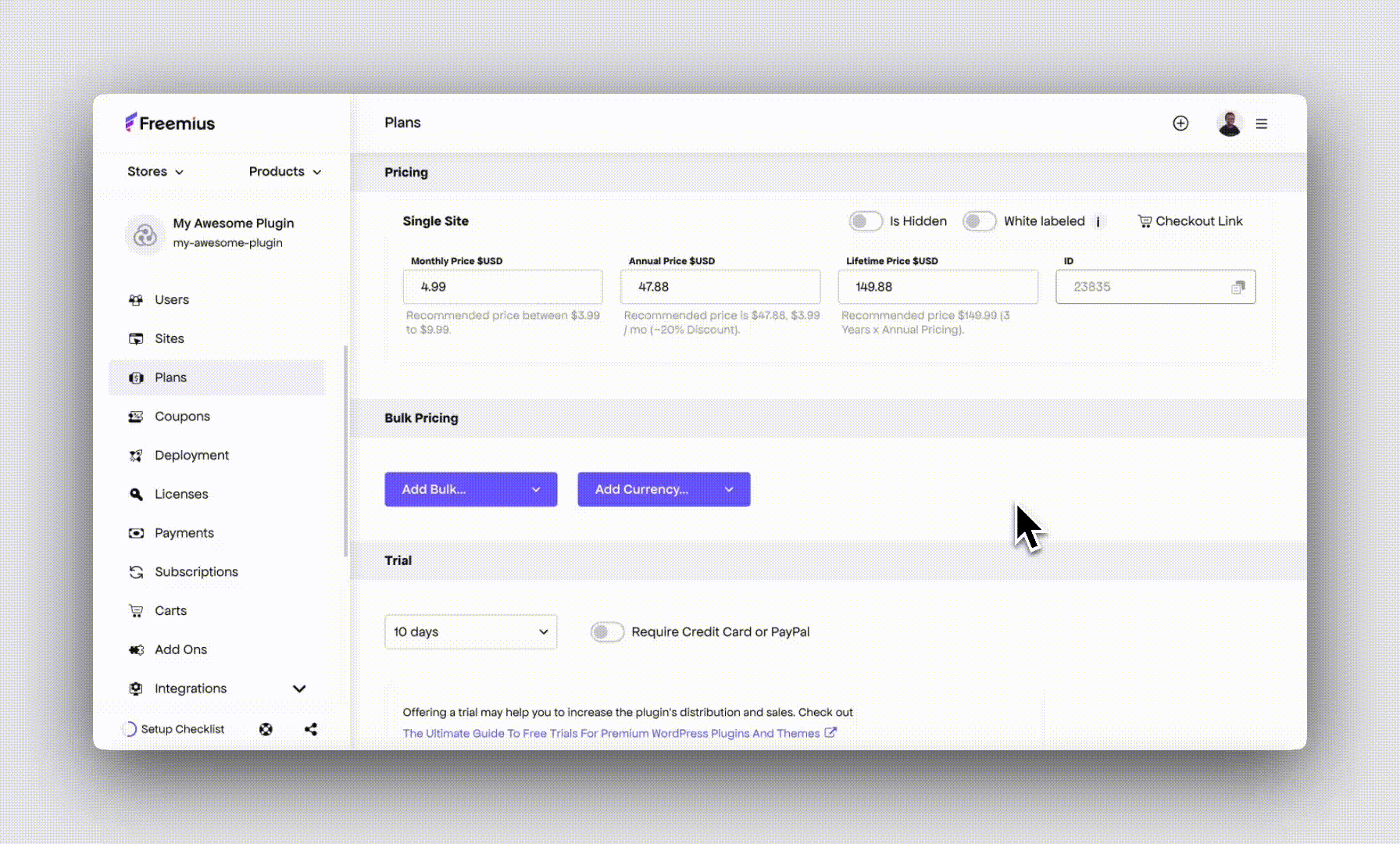 Multi-currency option in Freemius dashboard gif