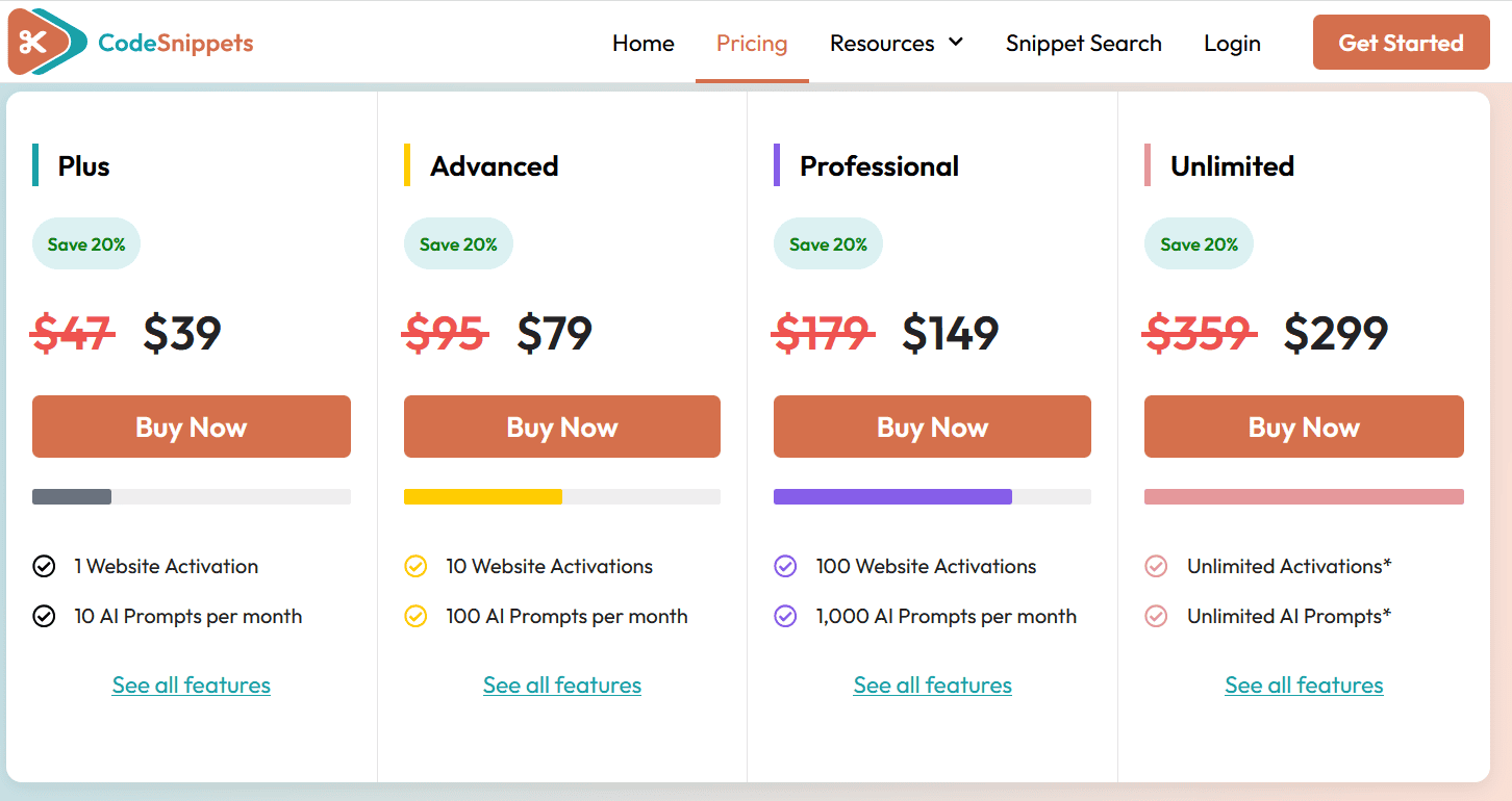 Code Snippets Pro pricing; charm pricing example