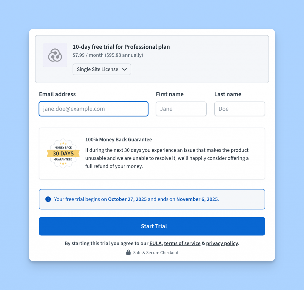 Freemius Checkout in Free Trial Mode