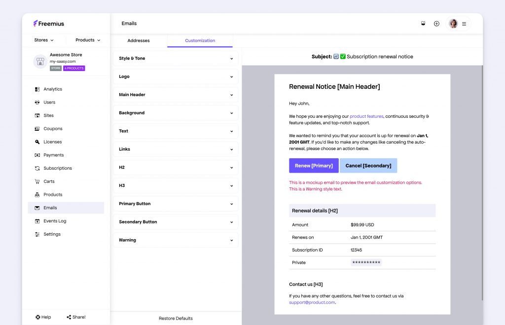 Freemius Email Customizer